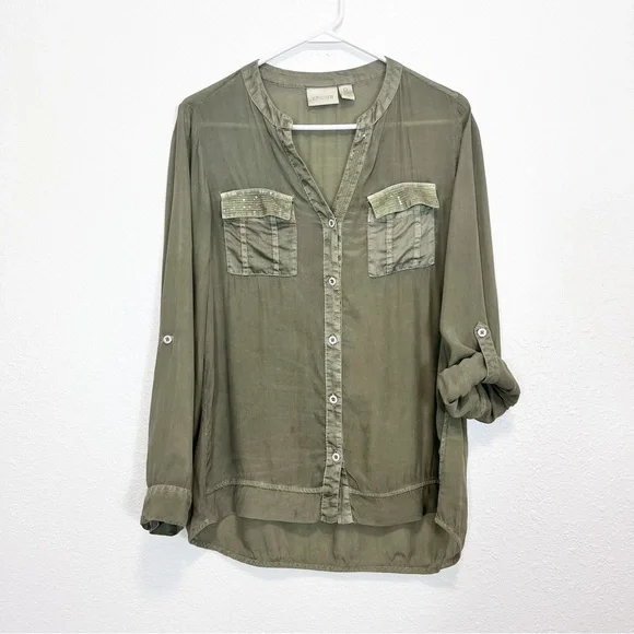 Chico’s Silky Olive Green Button Up Shirt With Sequin Pocket Size 0 Small 4 - Picture 1 of 6